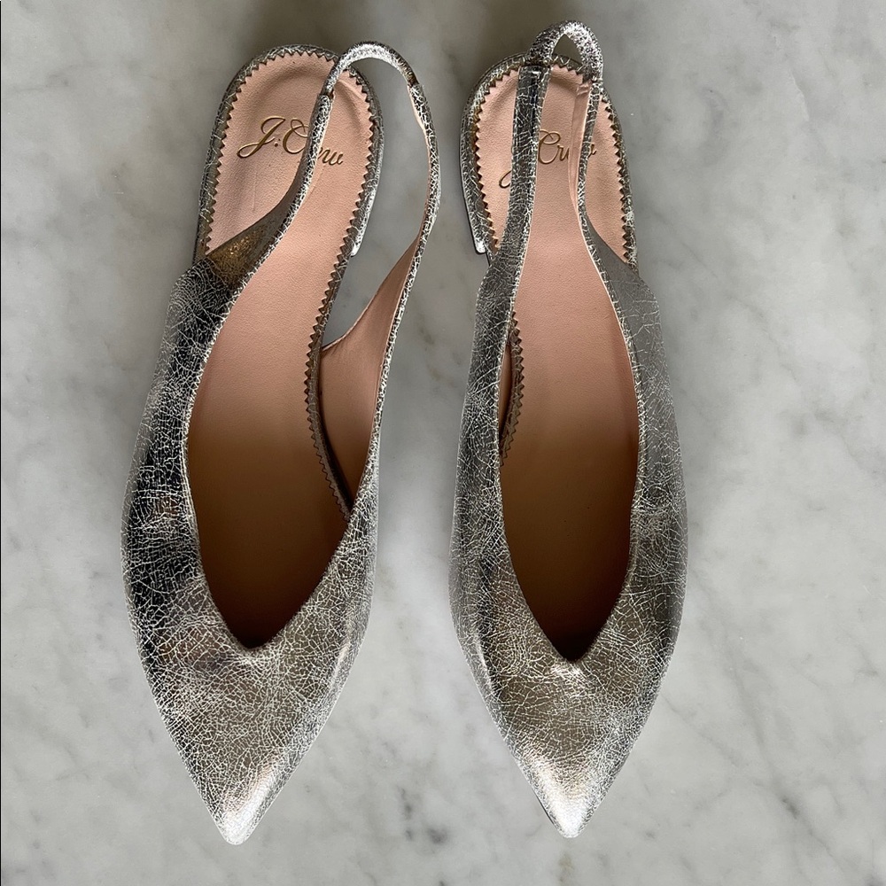 J. Crew Silver Cracked-Metal Pointed Slingback Flats